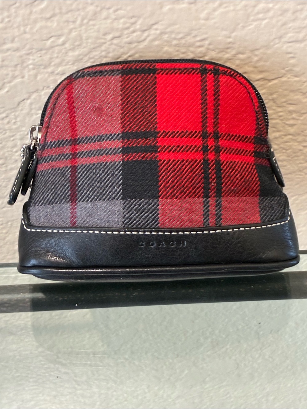 Coach Red and Black Plaid rare Leather-Trim small Pouch